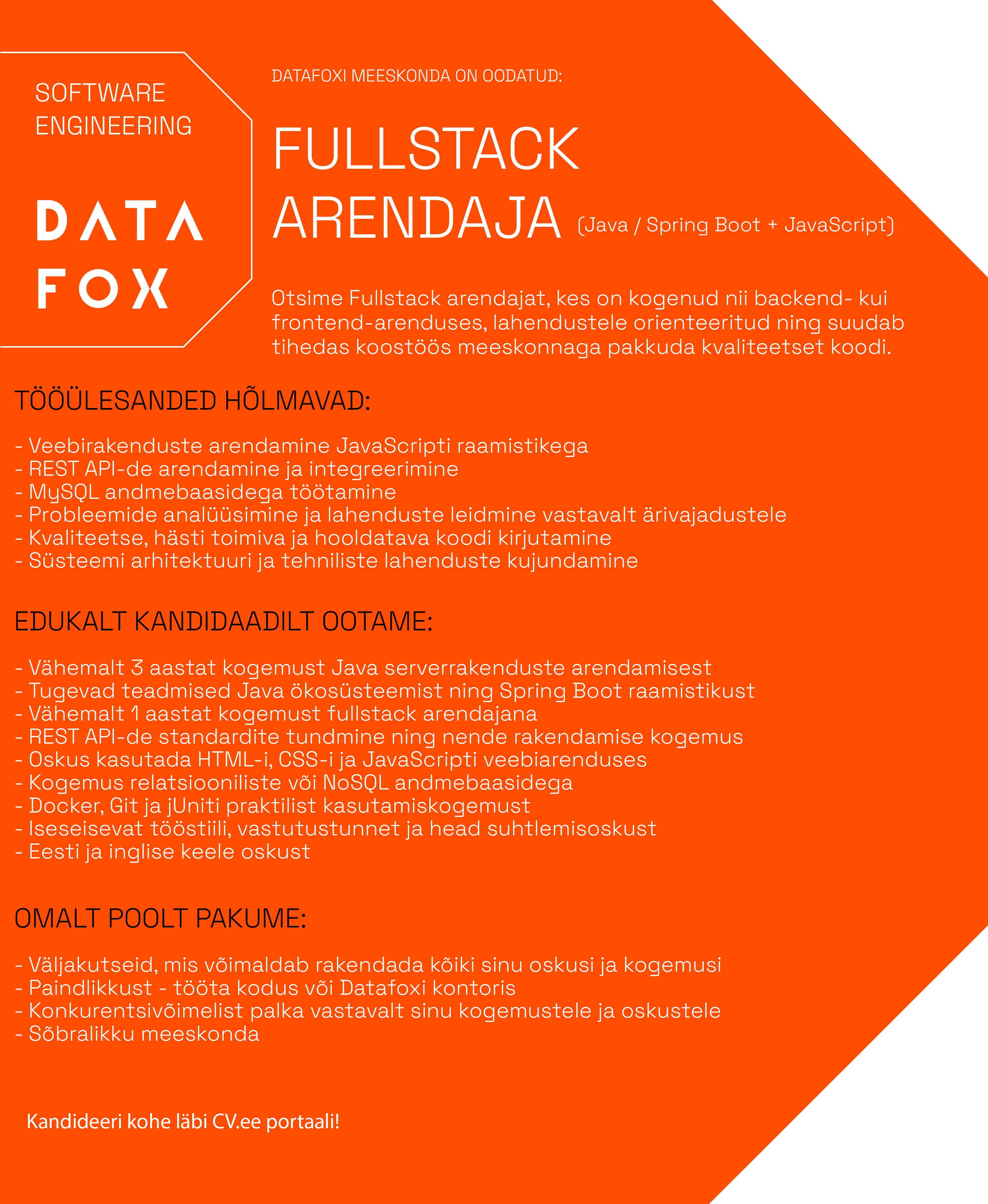 Otsime oma meeskonda: FULLSTACK ARENDAJA (Java / Spring Boot + JavaScript)