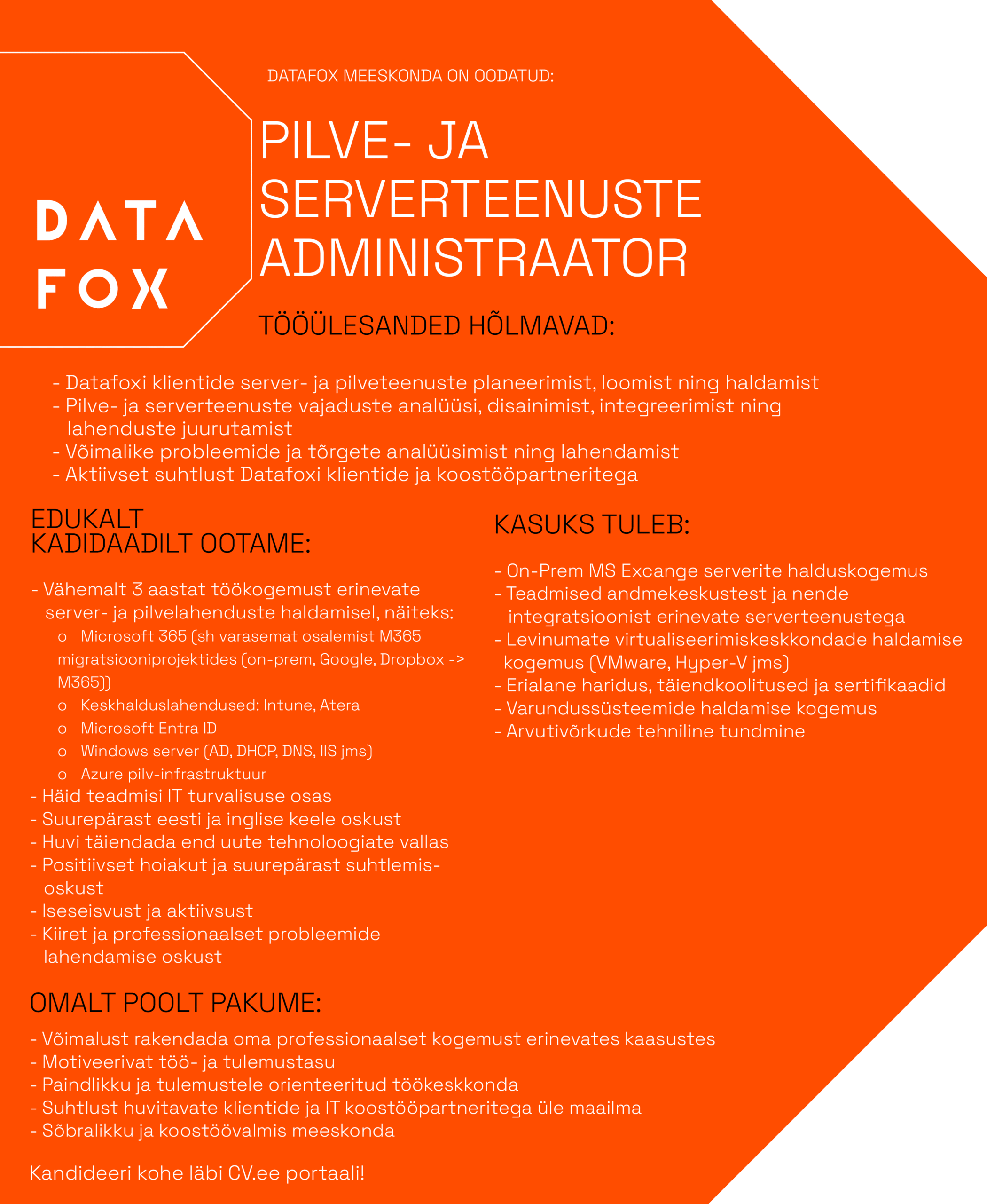 Otsime oma meeskonda: PILVE- JA SERVERTEENUSTE ADMINISTRAATOR